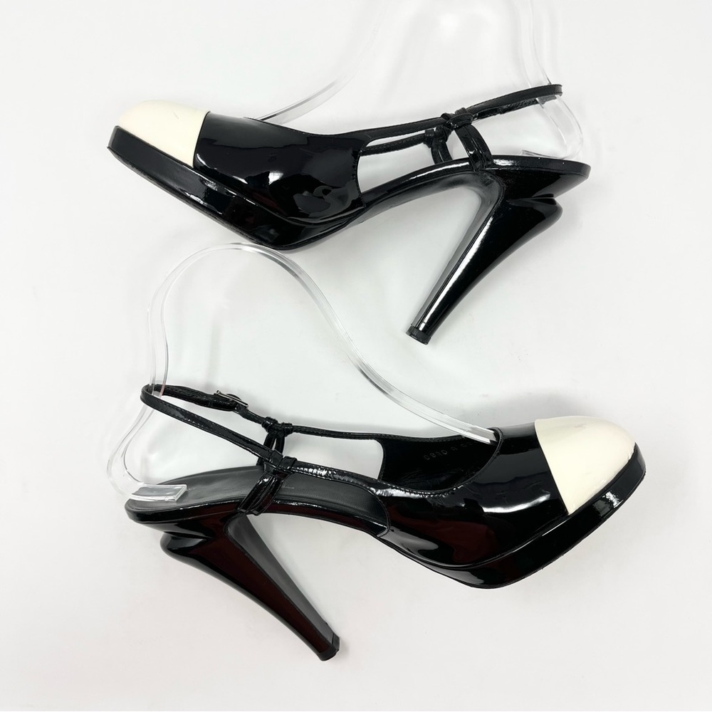 Chanel Black White Patent Leather Cap Toe Two Tone Slingback Heels Pumps 41 11 - Picture 2 of 11